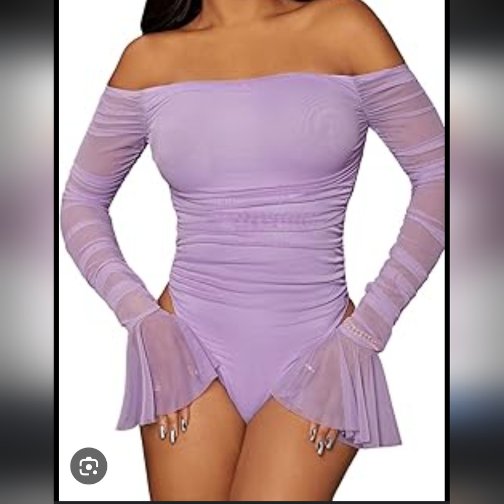 Verdusa Lavender Mesh Ruched Long Sleeve Bodysuit Size L NWT